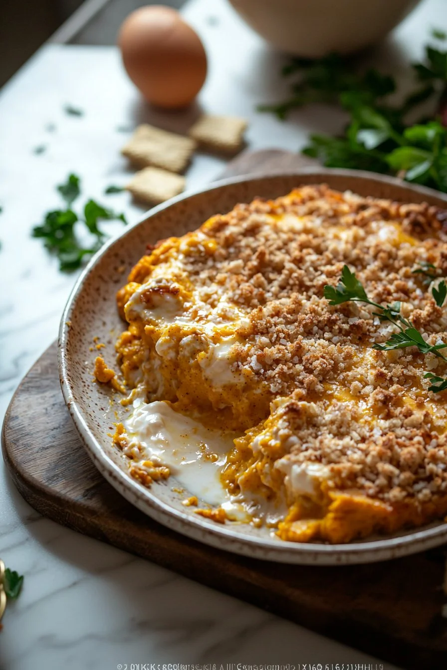 Deliciously baked pumpkin casserole topped with spices and served in a dish.