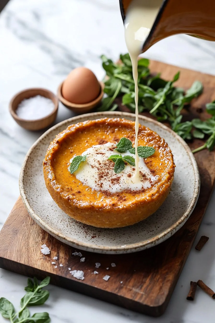 Baked pumpkin spice pudding served in a rustic dish with spices and pumpkin decorations.