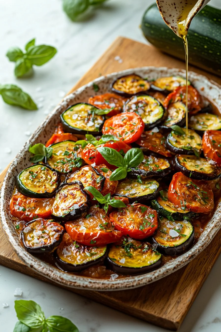 Colorful baked ratatouille dish with sliced vegetables.