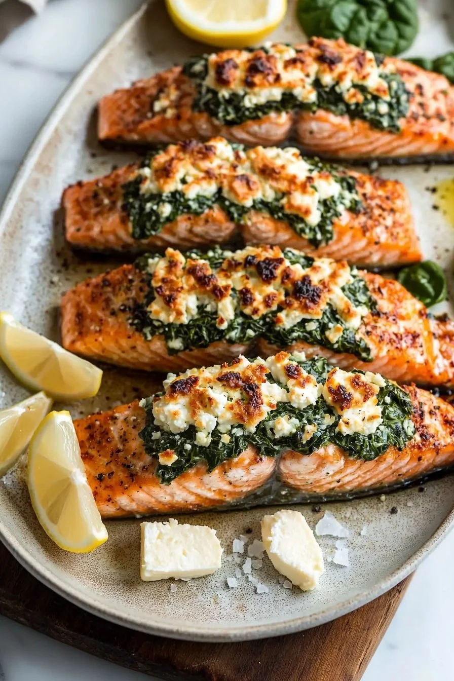 Baked stuffed salmon with spinach and feta on a plate
