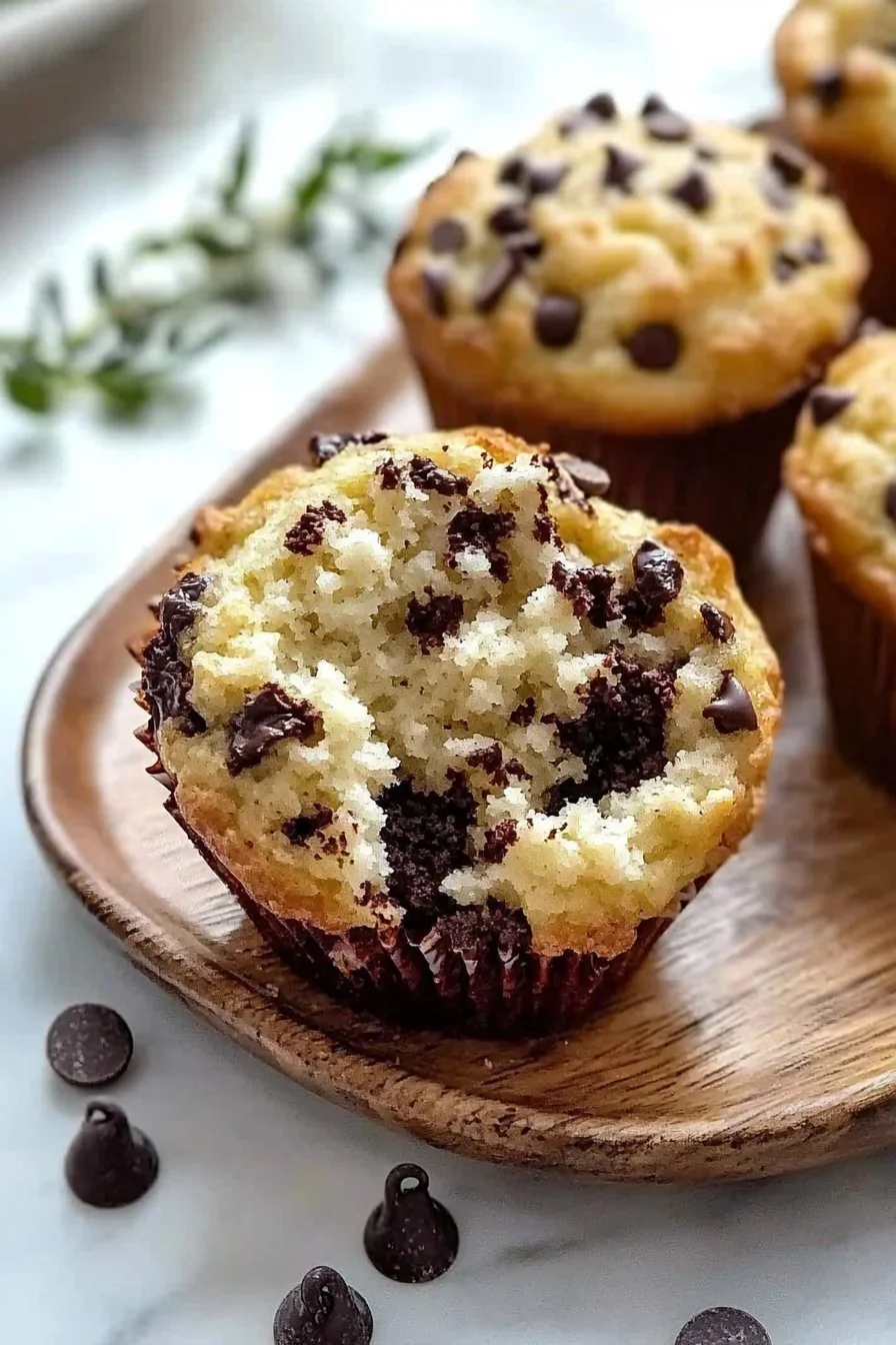 Delicious bakery style chocolate chip muffins with chocolate chunks