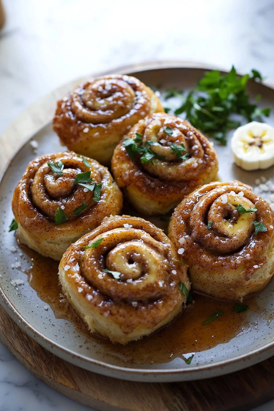 Freshly baked banana cinnamon rolls topped with creamy glaze