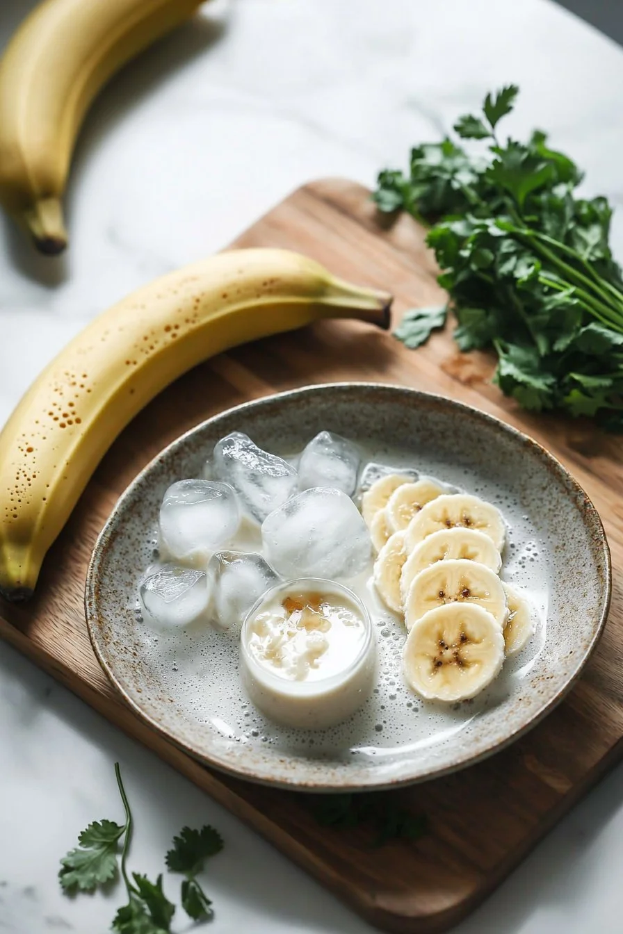 A vibrant banana smoothie in a glass with fresh bananas and a straw