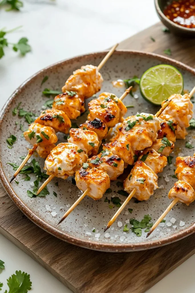 Delicious Bang Bang Chicken Skewers served on a platter