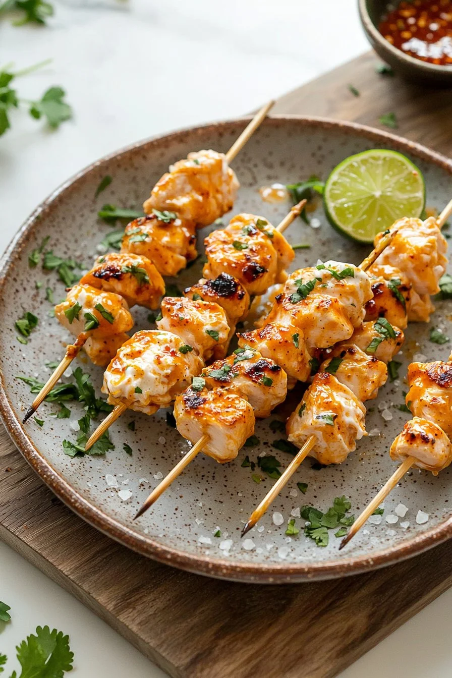 Delicious Bang Bang Chicken Skewers served on a platter