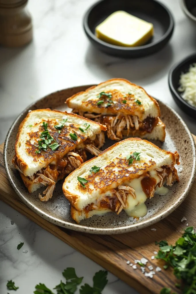 Delicious BBQ chicken grilled cheese sandwich with melted cheese and smoky flavors.
