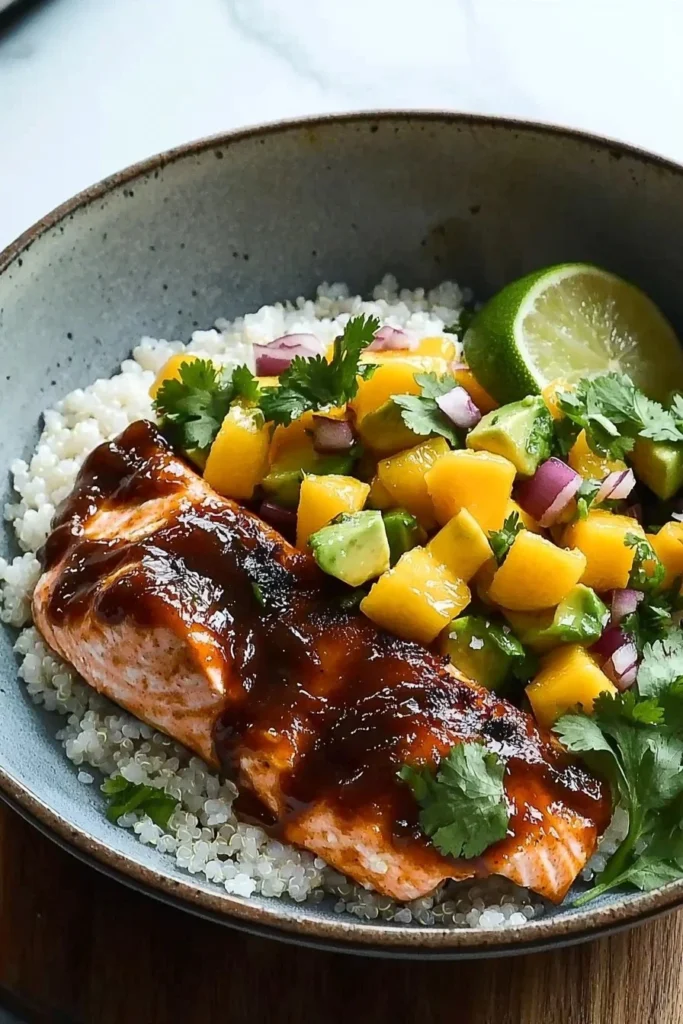 BBQ Salmon Bowl with Mango Avocado Salsa on a plate