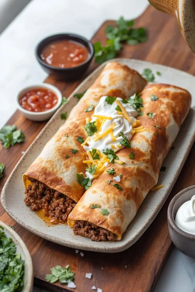 Delicious beef and cheese chimichangas served with salsa and guacamole