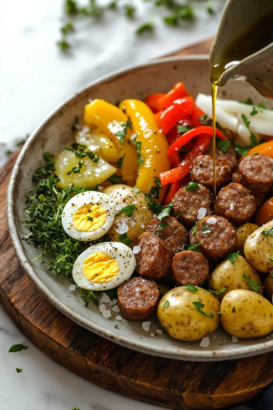 Beef sausage and potato breakfast meal prep bowls ready for serving