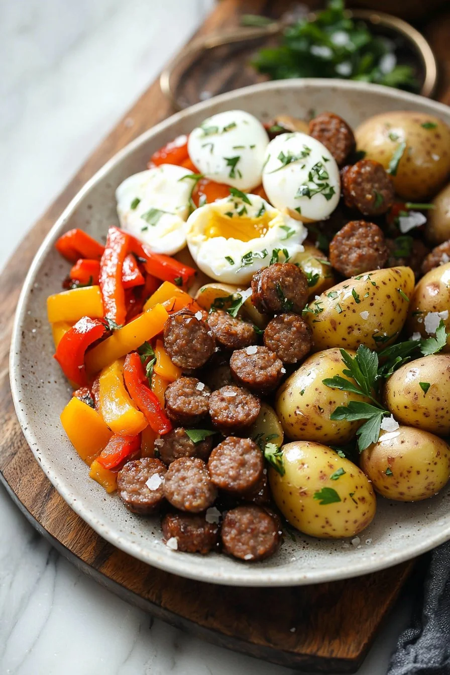 Beef sausage and potato meal prep breakfast bowls ready to serve.