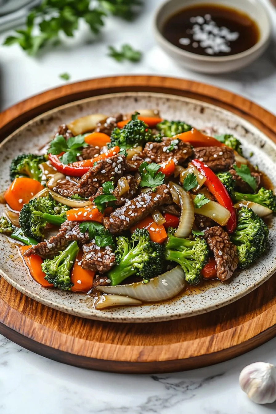 Delicious beef stir-fry with fresh vegetables on a plate, ready to serve.