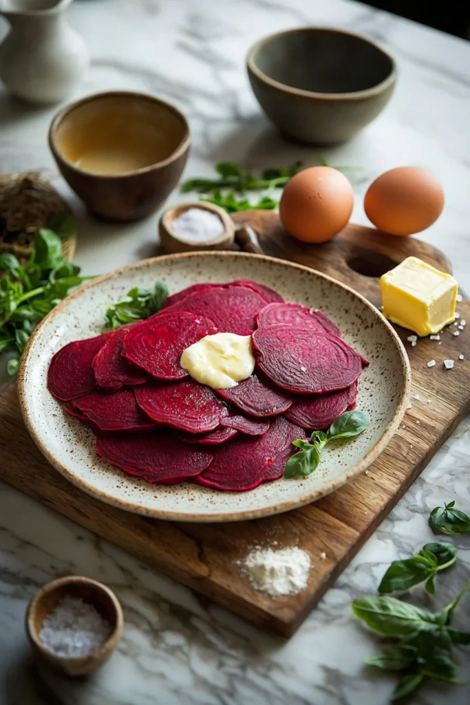 Colorful beet pancakes topped with fresh fruits and syrup on a plate