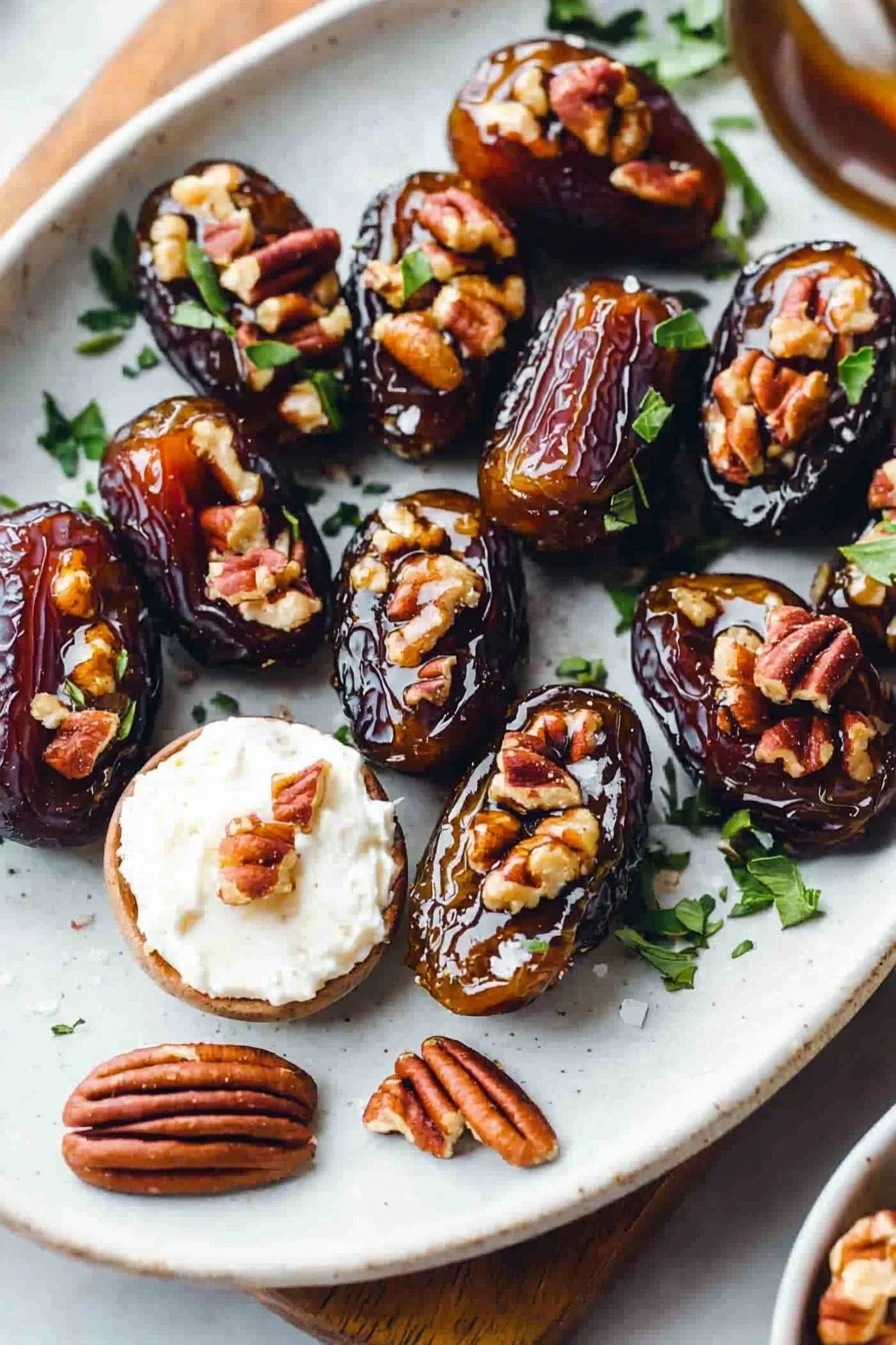 Deliciously stuffed dates with nuts and cream fillings on a plate.