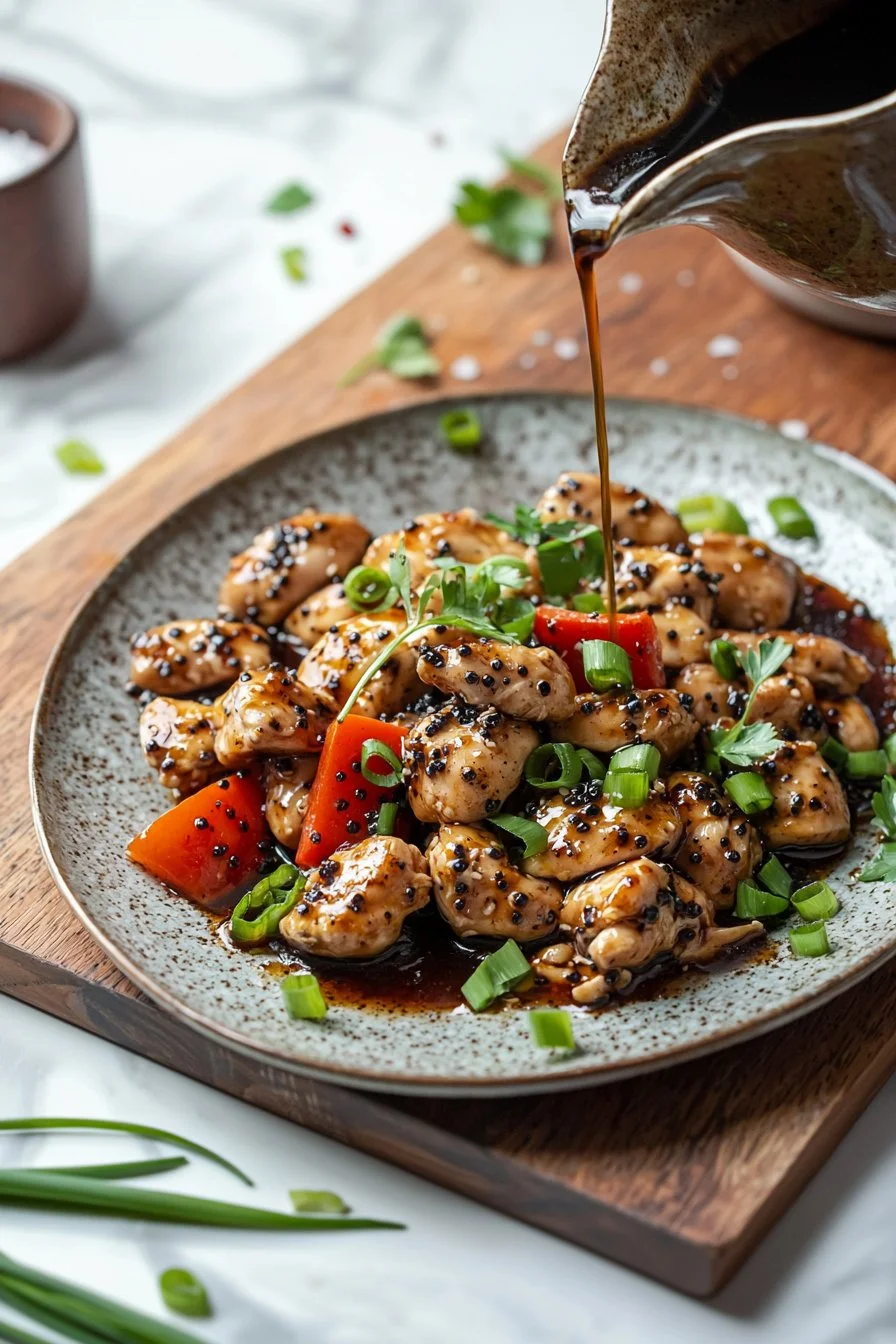 Plate of flavorful Black Pepper Chicken garnished with fresh vegetables