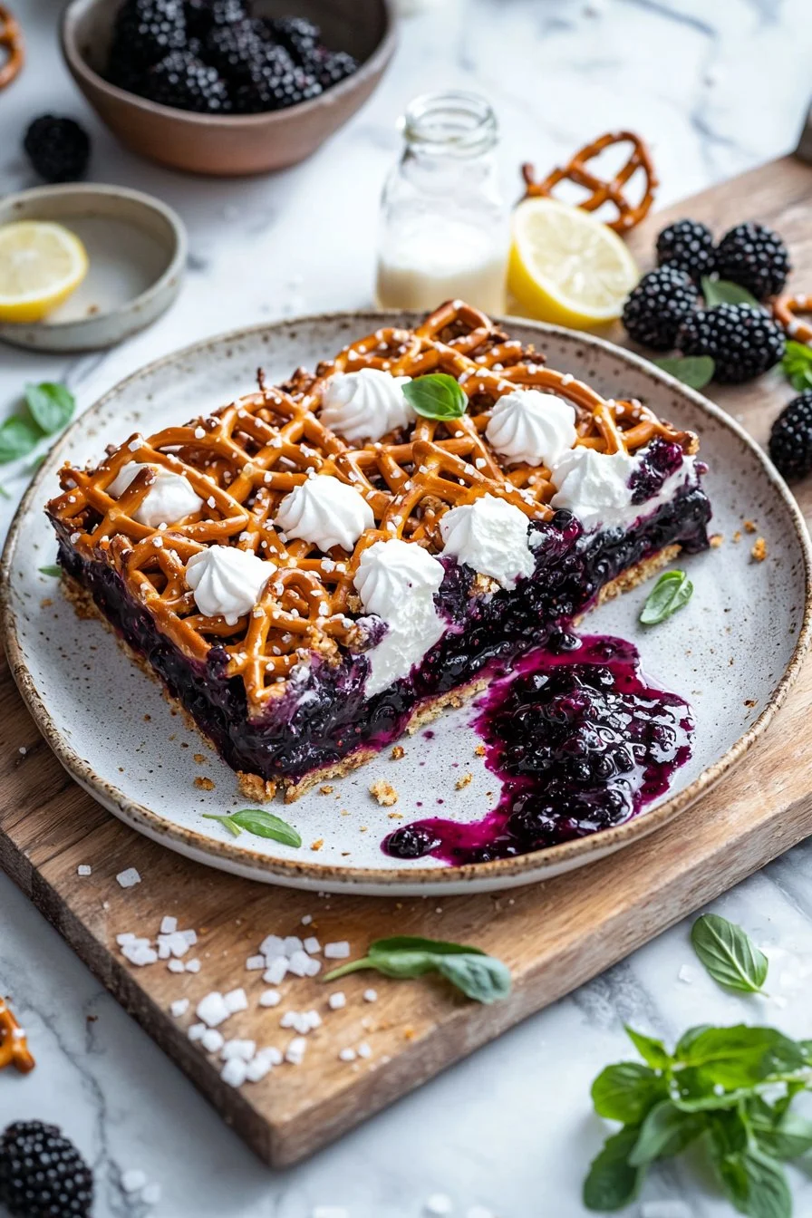 Delicious Blackberry Pretzel Dessert Bars garnished with fresh blackberries