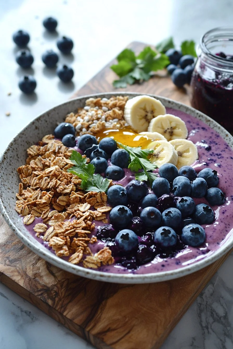 Blueberry smoothie bowl topped with fresh fruits and seeds