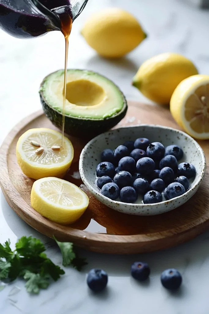 Blueberry avocado lemon smoothie in a glass with fresh ingredients.