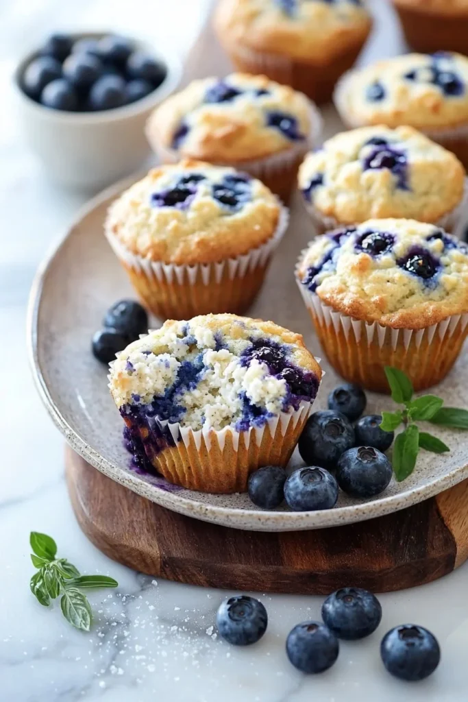 Freshly baked blueberry cottage cheese muffins on a wooden table