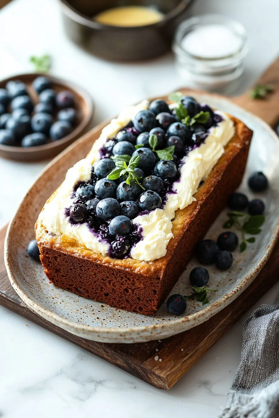 Sliced blueberry cream cheese bread served on a wooden table