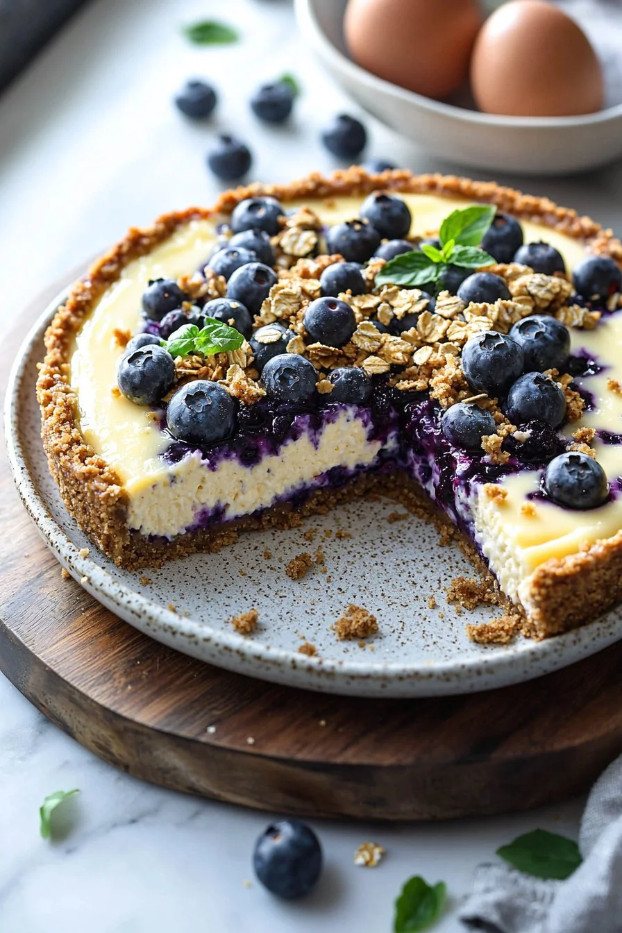 Delicious blueberry crumble cheesecake topped with fresh blueberries and a crumbly topping.