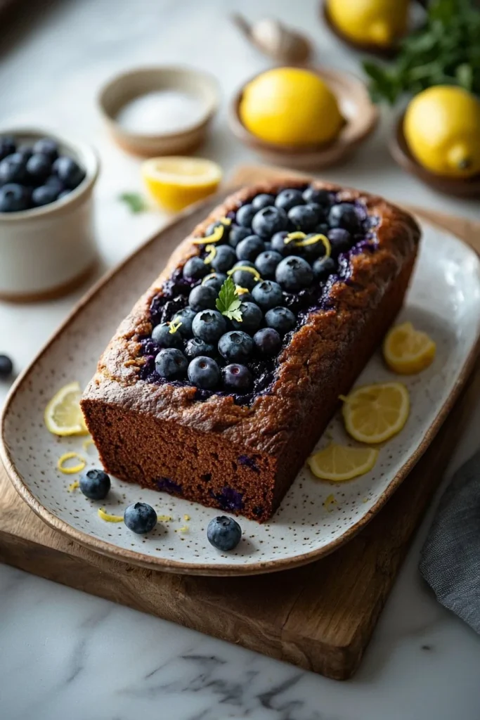 Homemade blueberry lemon loaf with fresh blueberries and lemon zest