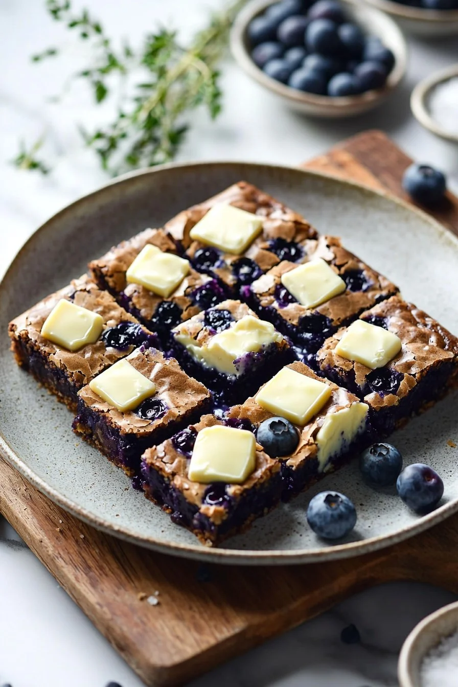 Blueberry white chocolate blondies decorated with fresh blueberries