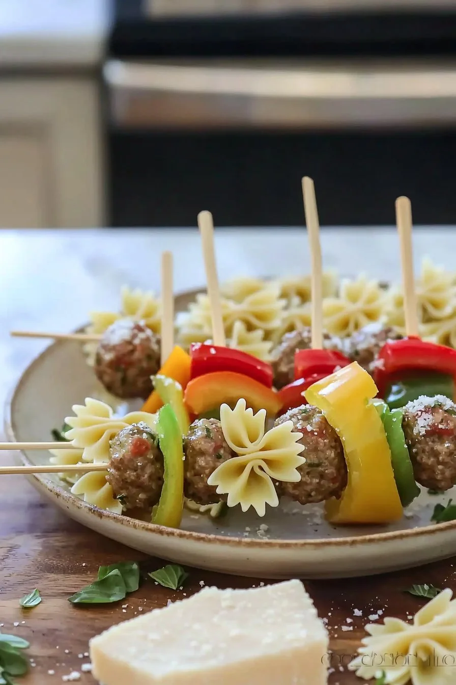 Bowtie Pasta and Party Beef Meatball Skewers