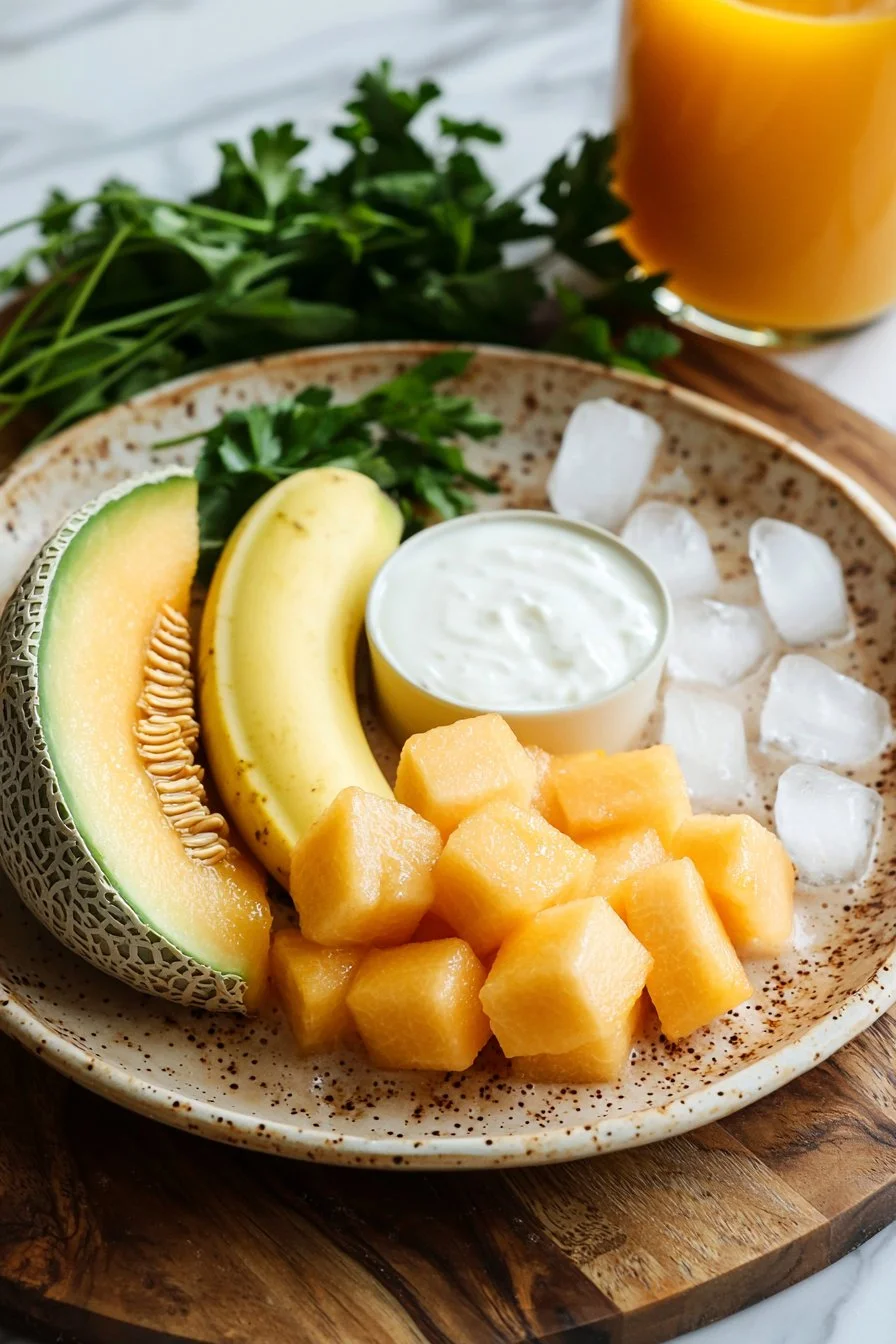 Delicious breakfast cantaloupe smoothie in a glass topped with fresh mint.