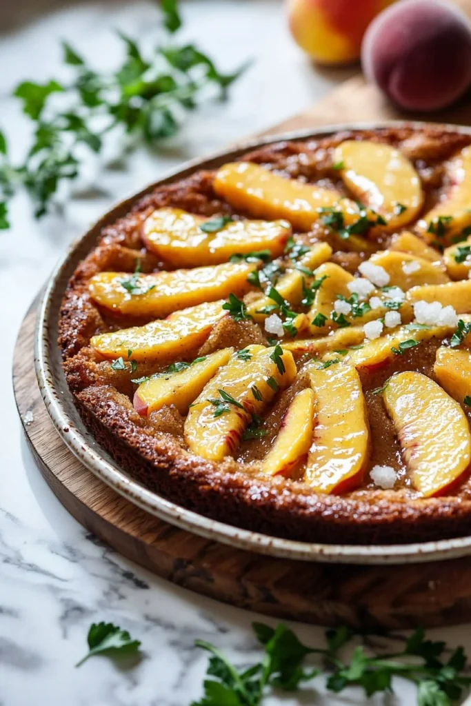 Delicious Brown Sugar Peach Cake with juicy peach slices and a golden brown crust.