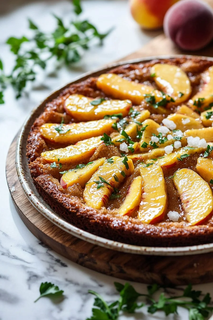 Delicious Brown Sugar Peach Cake with juicy peach slices and a golden brown crust.