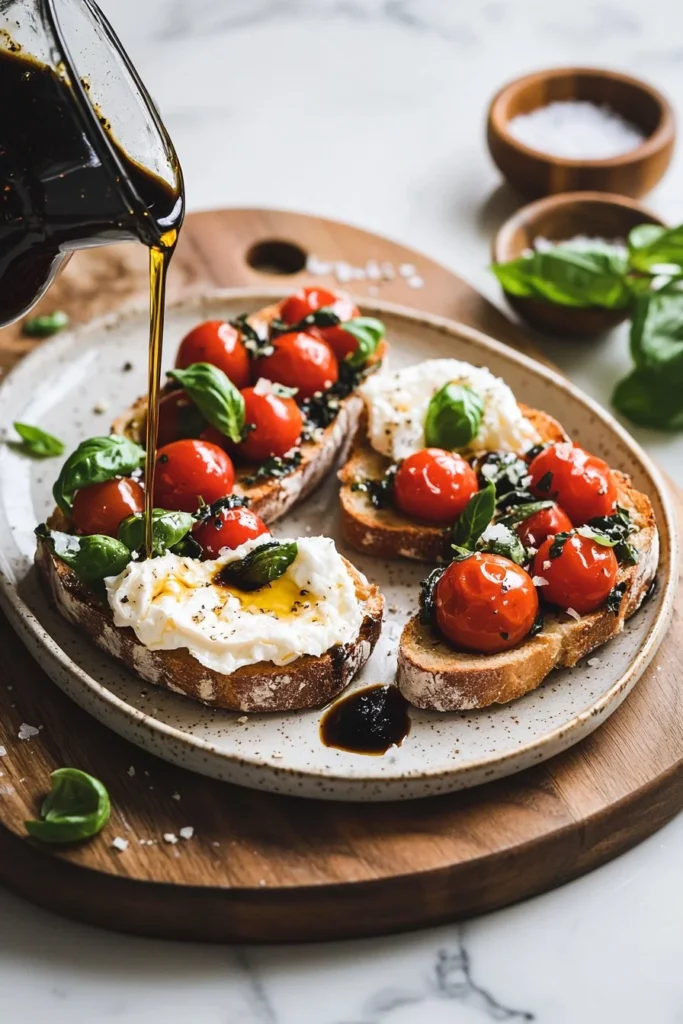 Delicious Burrata Bruschetta topped with fresh tomatoes and basil
