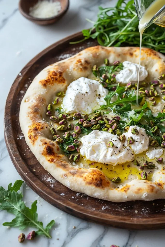 Delicious burrata pistachio white pizza with fresh ingredients.