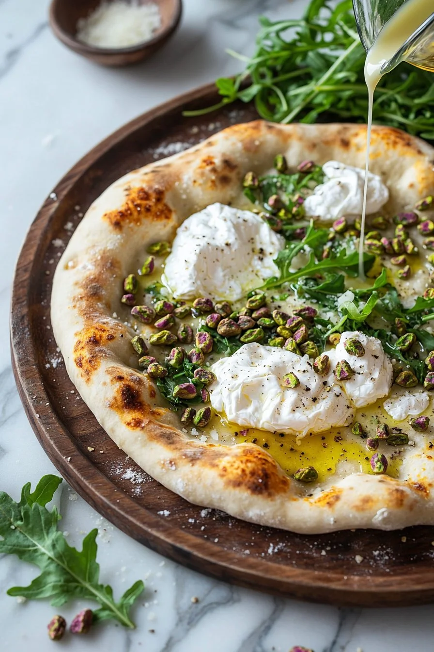 Delicious burrata pistachio white pizza with fresh ingredients.