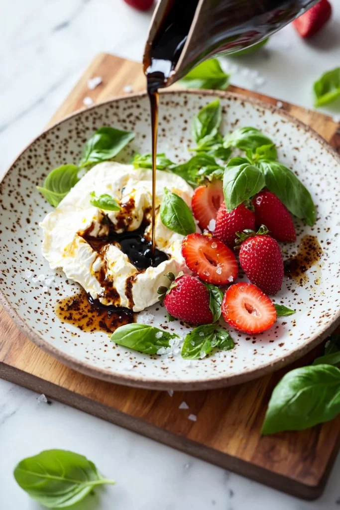 Burrata cheese with balsamic strawberries and fresh basil on a plate