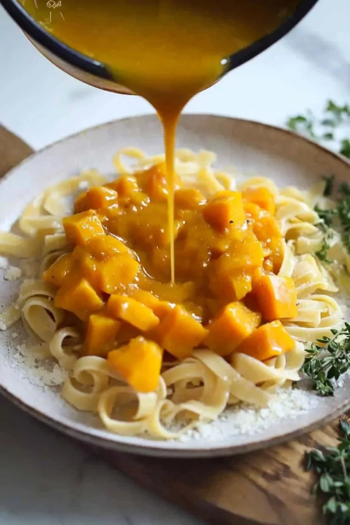 Creamy butternut squash pasta sauce in a bowl garnished with herbs