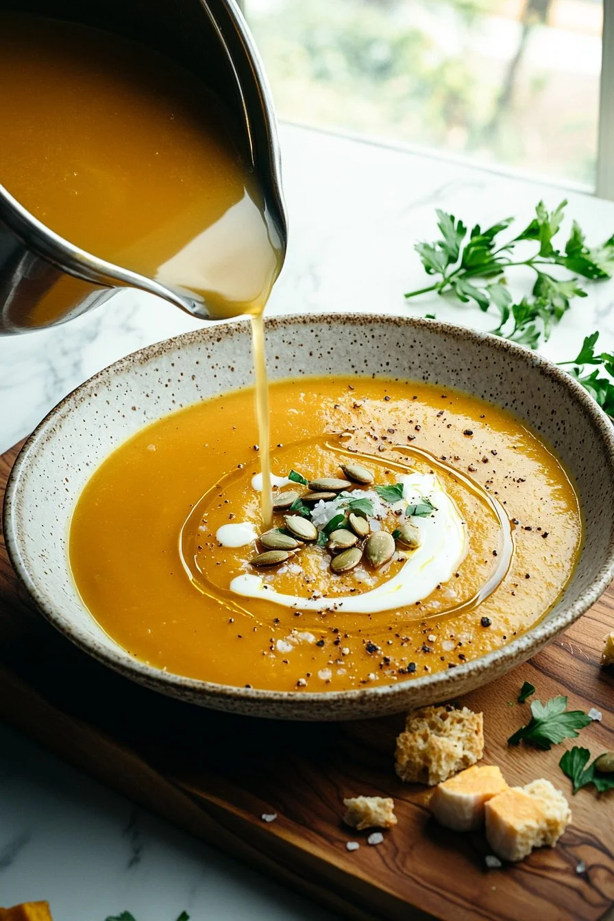 Creamy bowl of butternut squash soup garnished with herbs