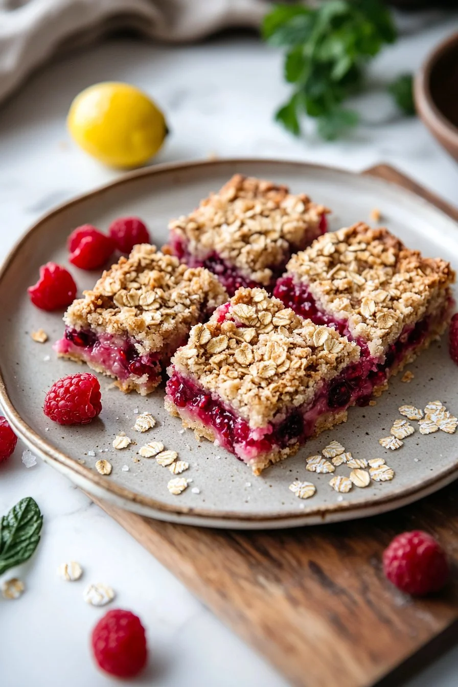 Buttery raspberry crumble bars topped with a crumbly layer and fresh raspberries.