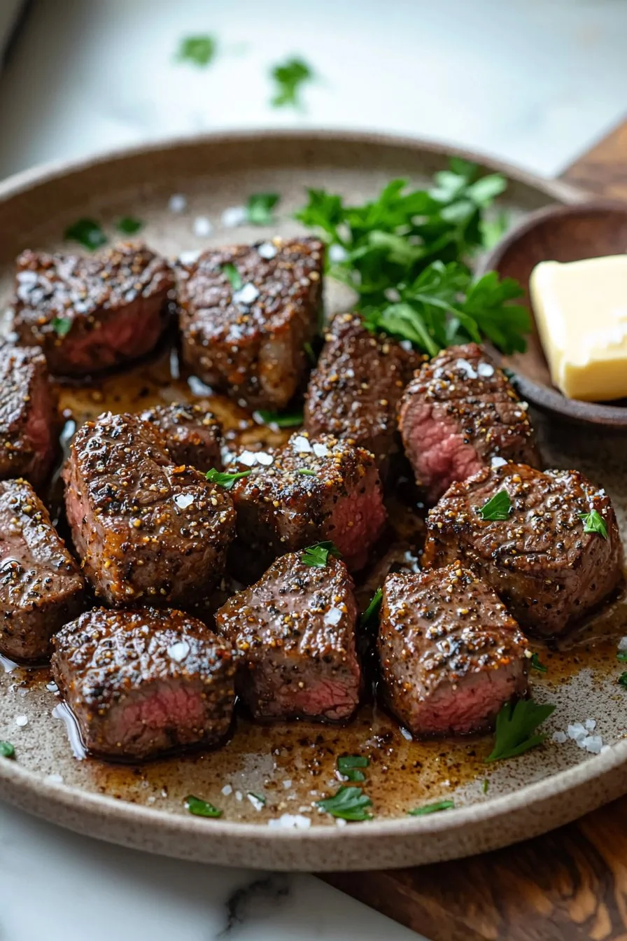 Cajun Butter Steak Bites served in a skillet with herbs and spices