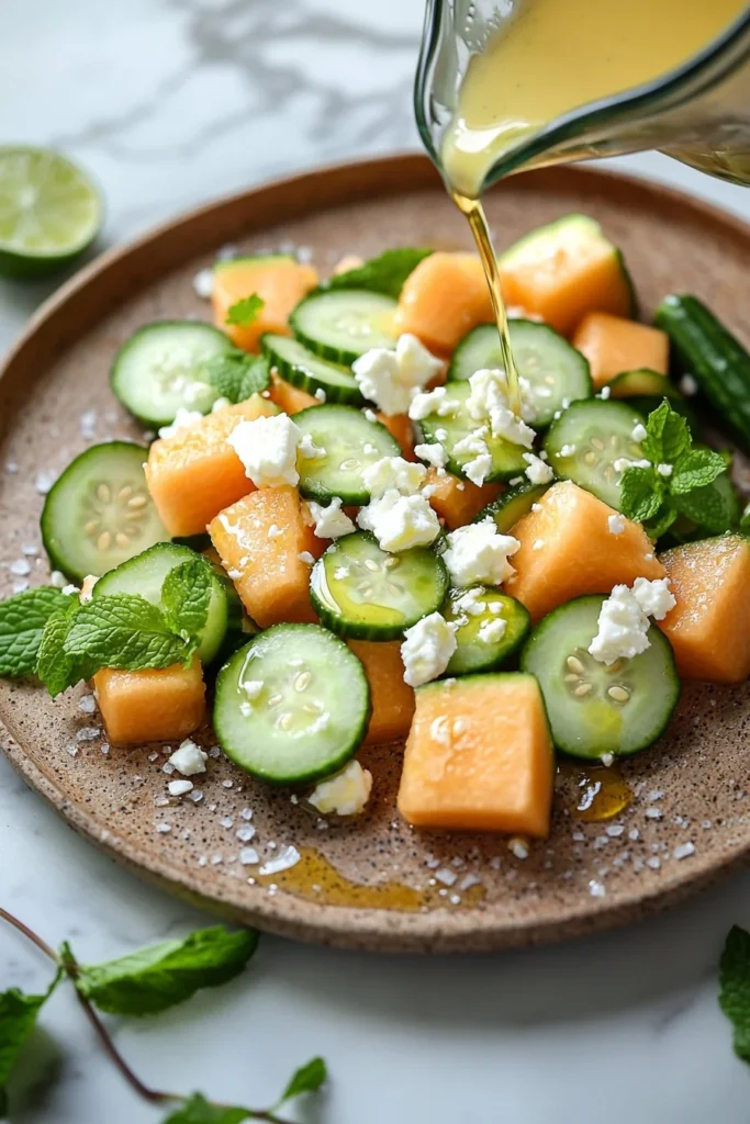 Cantaloupe Cucumber Feta Salad with fresh ingredients and vibrant colors.