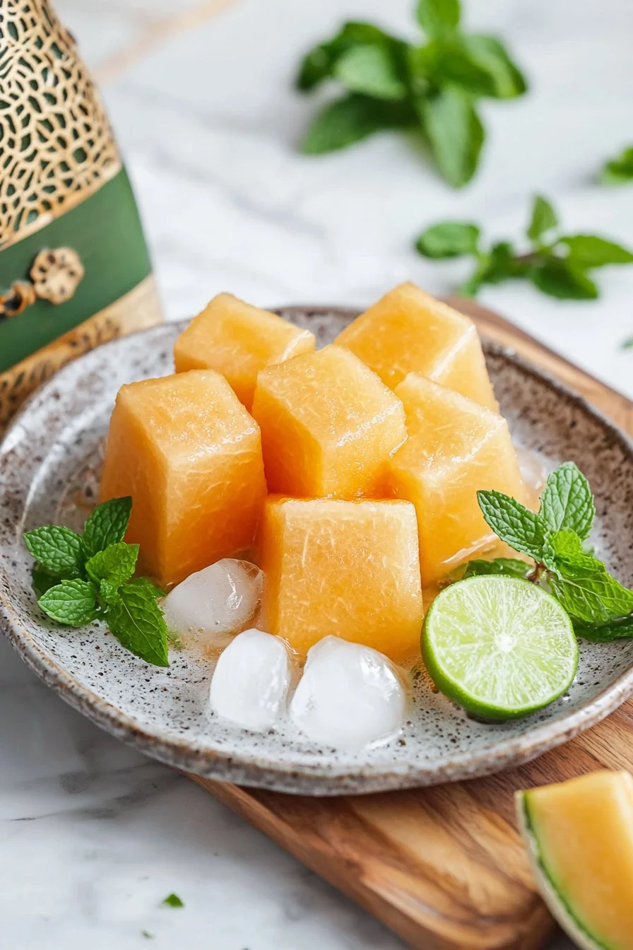 Fresh cantaloupe water in a glass with mint garnish