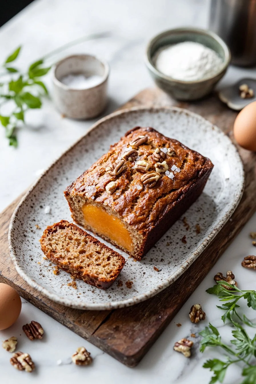 A slice of moist cantaloupe quick bread on a wooden cutting board
