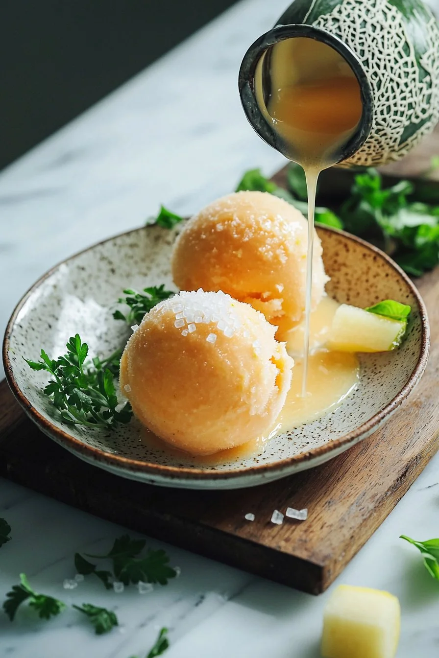 Delicious cantaloupe sorbet served in a bowl, garnished with mint leaves.