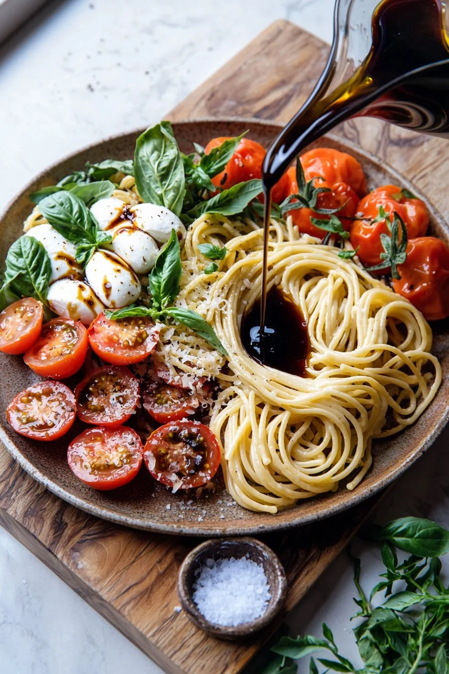 Delicious Caprese Pasta Salad with tomatoes, mozzarella, and fresh basil.