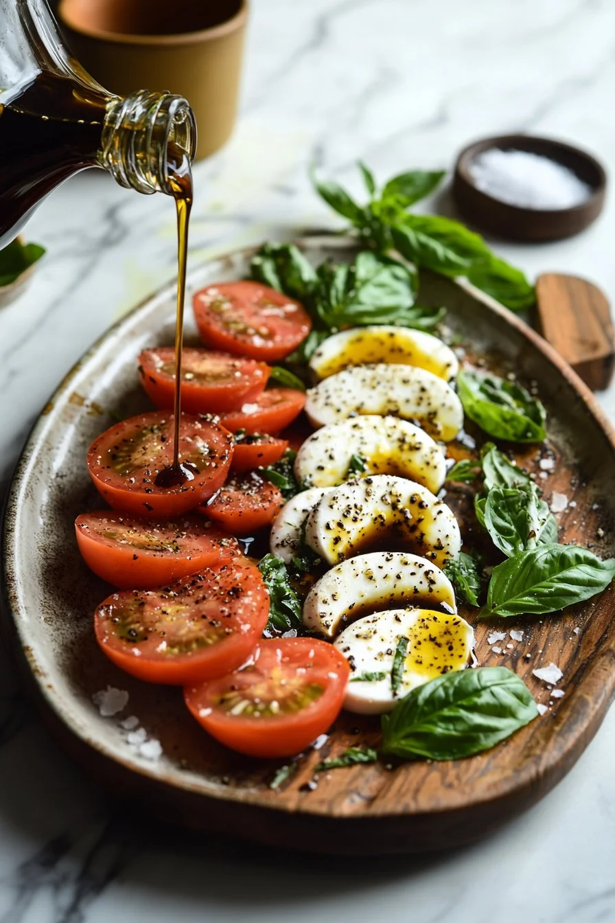Fresh Caprese Salad with tomatoes, mozzarella, and basil on a white plate