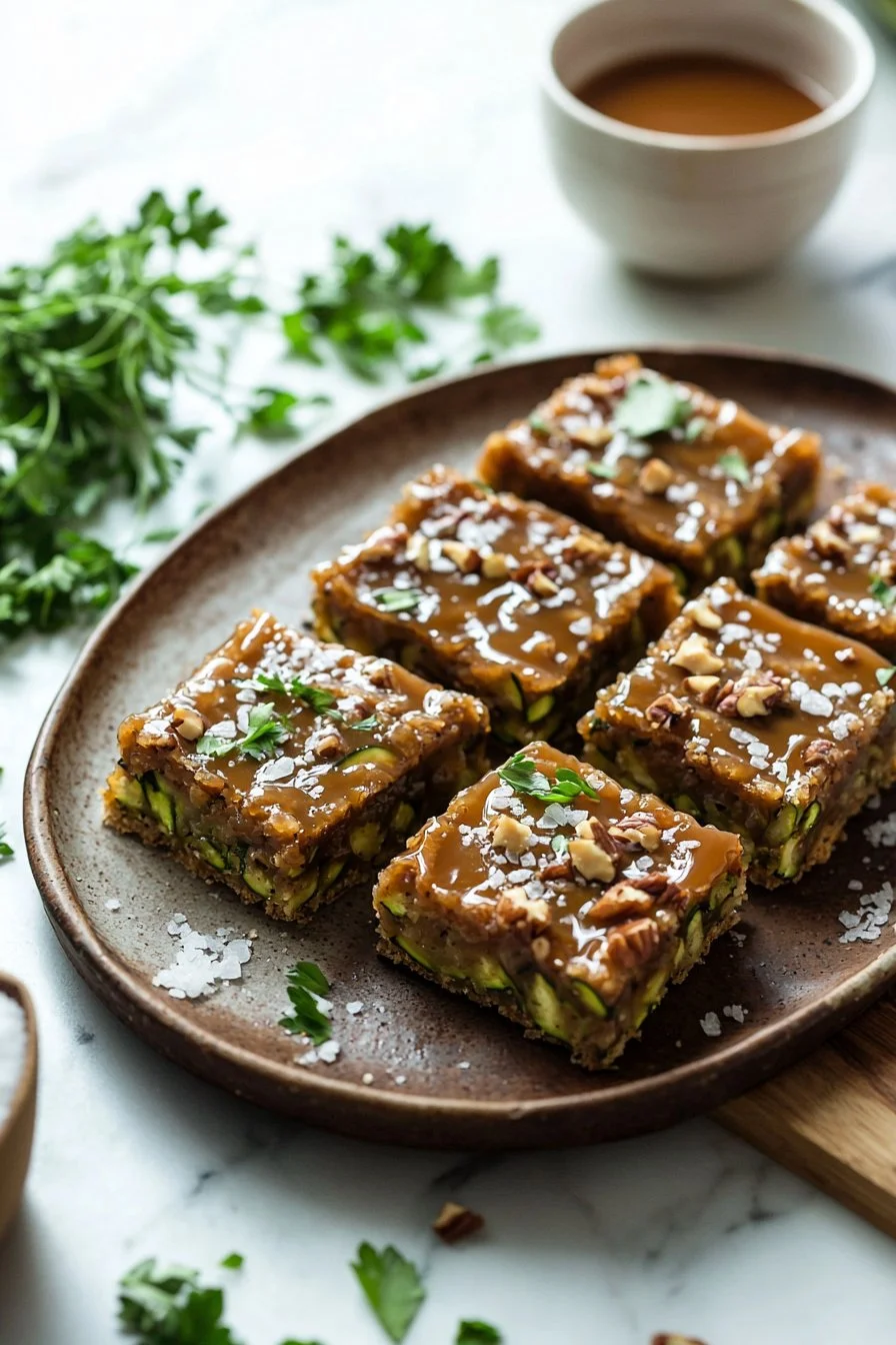 Delicious caramel frosted zucchini bars on a plate