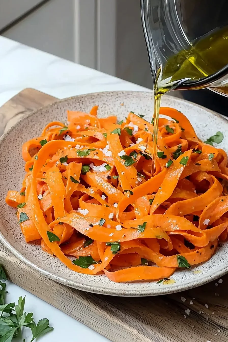 A colorful Carrot Ribbon Salad garnished with herbs and dressing