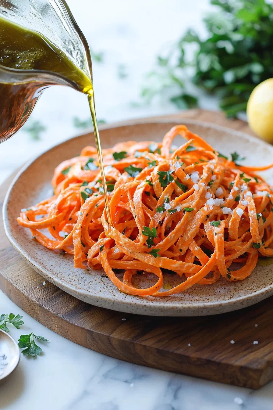 A colorful Carrot Ribbon Salad served in a bowl with fresh herbs.