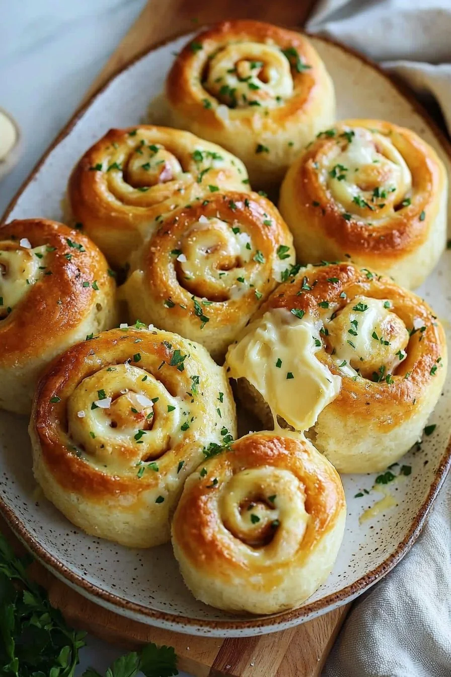 Hot cheesy garlic swirl rolls fresh out of the oven, golden and buttery.