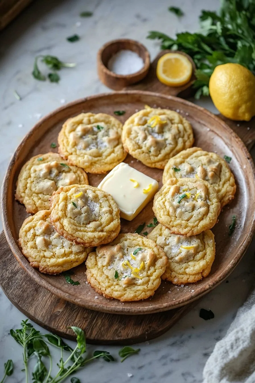 Plate of chewy lemon cookies with a bright yellow lemon in the background