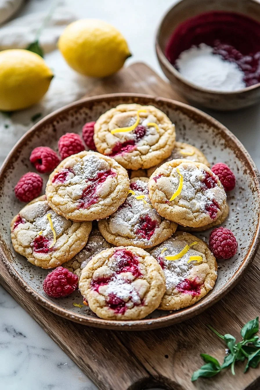 Chewy lemon raspberry cookies with a vibrant yellow and raspberry swirl.